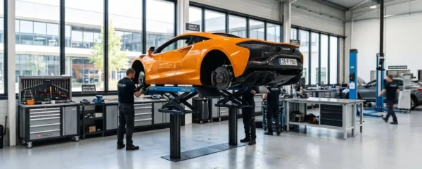 Atelier automobile moderne avec supercar McLaren orange stationnée sur pont élévateur, grandes baies vitrées laissant entrer la lumière naturelle