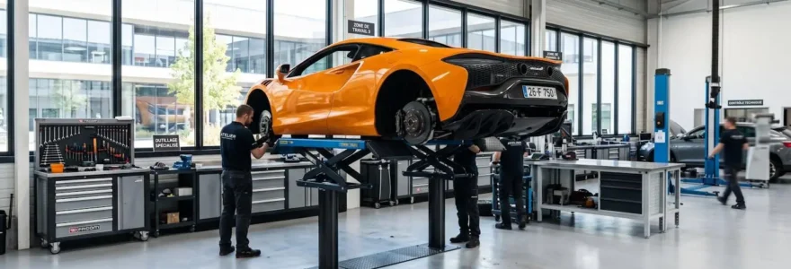 Atelier automobile moderne avec supercar McLaren orange stationnée sur pont élévateur, grandes baies vitrées laissant entrer la lumière naturelle