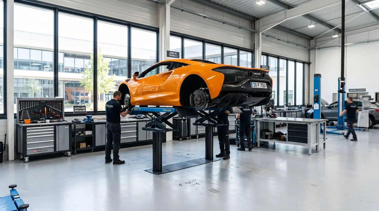Atelier automobile moderne avec supercar McLaren orange stationnée sur pont élévateur, grandes baies vitrées laissant entrer la lumière naturelle
