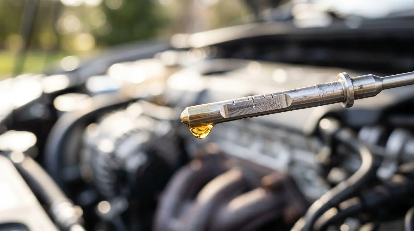 Gros plan sur une jauge d'huile moteur avec goutte d'huile dorée, texture nette et bokeh en arrière-plan