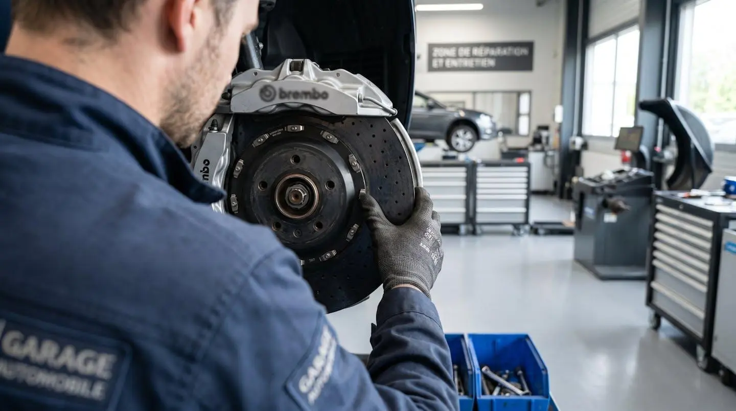 Mécanicien vu de dos en train d'inspecter un disque de frein céramique avec ses mains gantées dans un atelier moderne lumineux